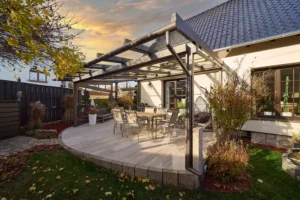Aluminium Terrassendach mit Glasscheiben, überstand mit Rinne, Verschattungsrollo, Wintergartensysteme Schuster